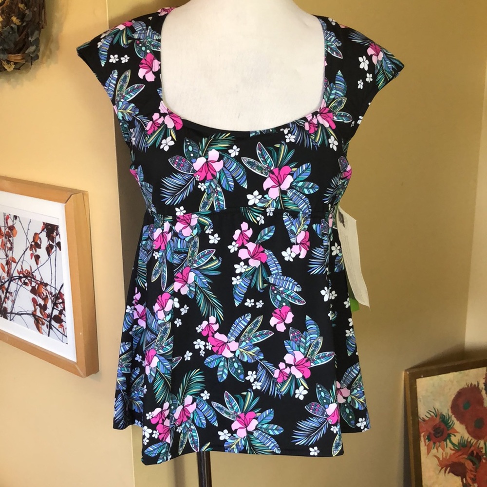 FIT FOR YOU size 16 Floral Square-Neck Swimsuit Bathing Top Bra Top $78 NEW